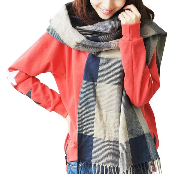 Accessories - Women's blue Grey Lattice Scarf Fashion Long Plaid Shawls Wraps Big Grid Winter